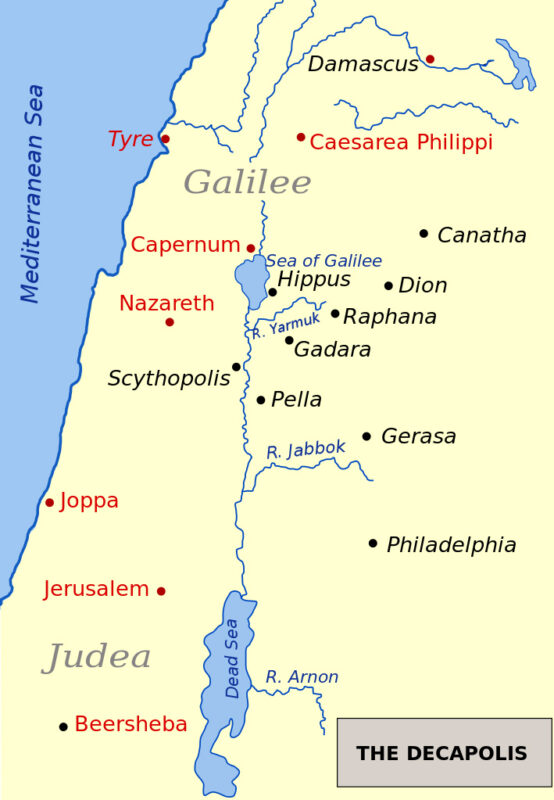 Map of the Decapolis (Decapolis cities marked in black.)