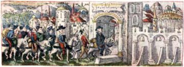 Heinrich Wölfli arriving in Jerusalem in 1520. (Heinrich Wölflis Reise nach Jerusalem 1520/1521. Edited by Hans Bloesch. Bern: Die Schweizer Bibliophilen Gesellschaft, 1929).