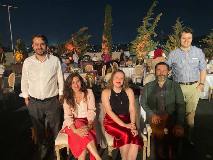 Danielle Wolfson (center right) at the ICHAJ 15 closing ceremony with (left to right) Ahmed Kzzo (director, American Center of Research’s Prevention of Illicit Trafficking of Cultural Property Project), Lamia Kenoussi (PhD student, Classical Studies–Archeology, University of Strasbourg and the Humboldt University), Ian W. N. Jones (lecturer, Department of Anthropology, University of California San Diego, and Craig Harvey (postdoctoral associate, Department of Classical Studies, Western University). (Photo by Kathryn Grossman.)