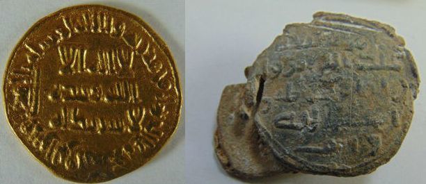 Left: Umayyad gold dinar stuck in the first half of the eighth century CE. (Collection of the Jordan Museum, Amman.) Right: Umayyad lead seal bearing lengthy Arabic inscription. (Collection of the Jordan National Bank Numismatic Museum, Amman) Photos by Tareq Ramadan.